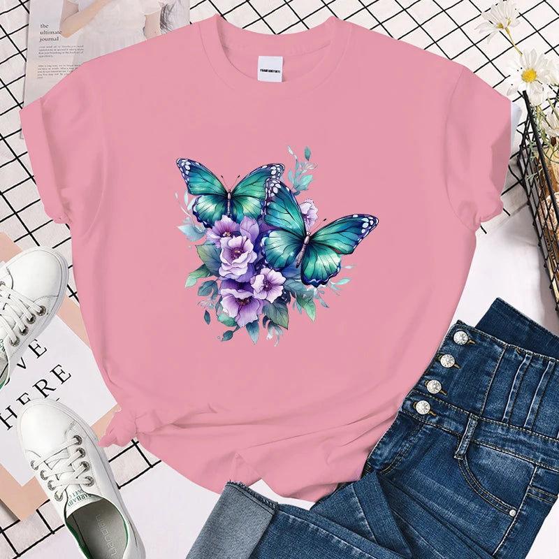 Women T-shirt Funny Flower Butterfly Print T-Shirts for Women Summer Round Neck Tee Shirt Femme Fashion Casual T-Shirts