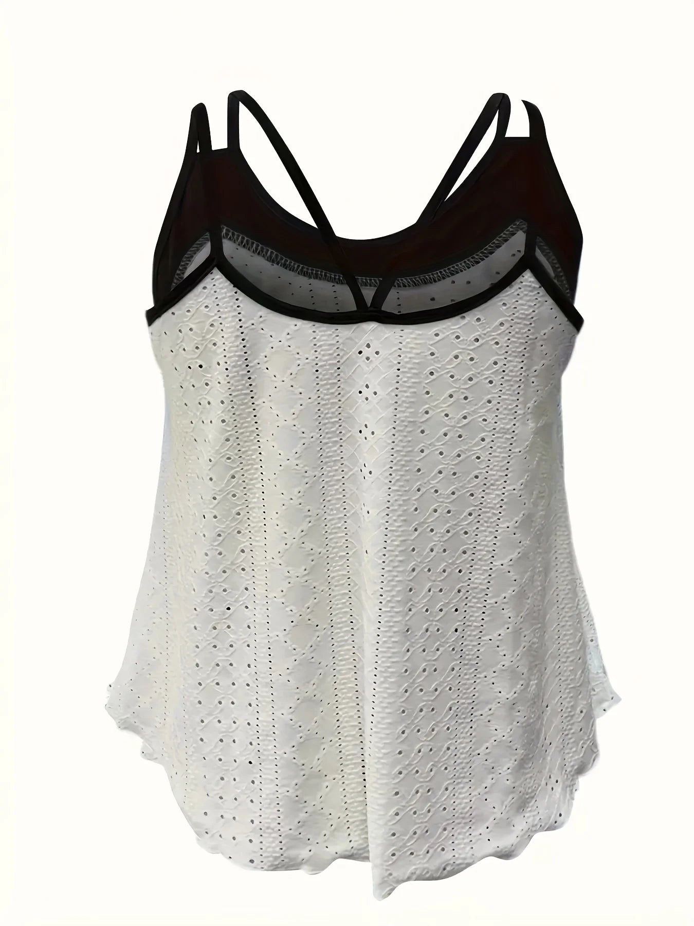 Plus Size Black & White Color Block Eyelet Embroidery Spaghetti Strap Top