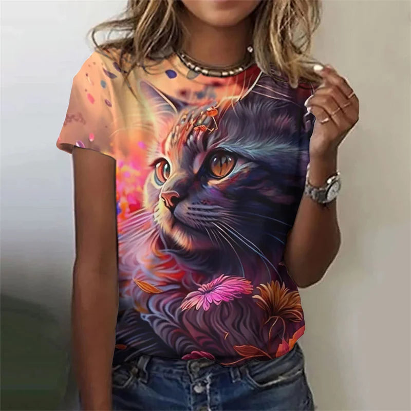 3D Printed Artistic Cat T-Shirt For Women Funny Animal Pet Pattern Tees Summer Casual Short Sleeves Loose T Shirts O-Neck Tops