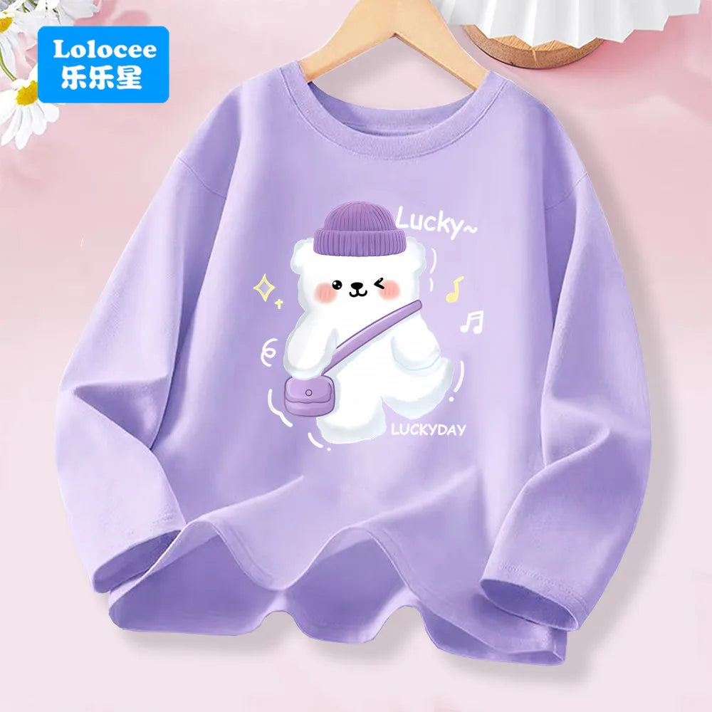 Kawaii Lovely Heart T-shirt for Girls - Cute Pink Purple Heart Print Long Sleeve Top, Kids Casual Cotton Basic Shirt