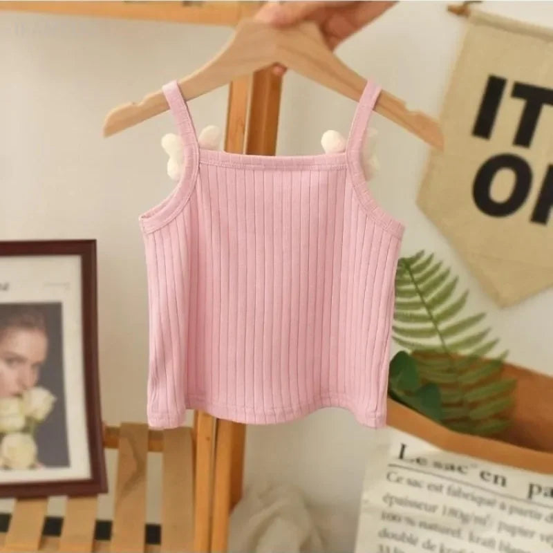 1-8Y Children's Knitted Sling Top Sleeveless Short T-Shirts 2025 Summer Thin Base Suspenders Girls Baby Rabbit Mushroom Tops