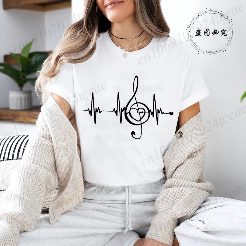 Women's T-shirts Music Note Heartbeat Printed T-Shirt Music Lover Funny Graphic Tee Shirts for Men Women Fashion T-Shirts Tops