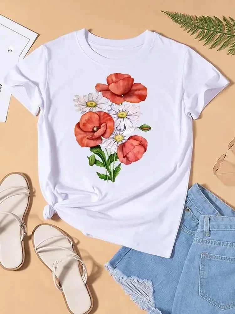 Graphic T-shirt Women Top Lady Female Shirt Tee Flower Carto Women Clothes Aesthetic Clothes Tops