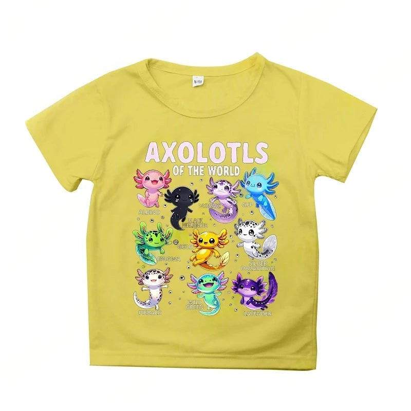 Colorful Cartoon Axolotls Graphic 3D Print T-Shirt Summer Casual Comfy Girls Clothes 2-10Y Short Sleeve T-Shirt for Children Top