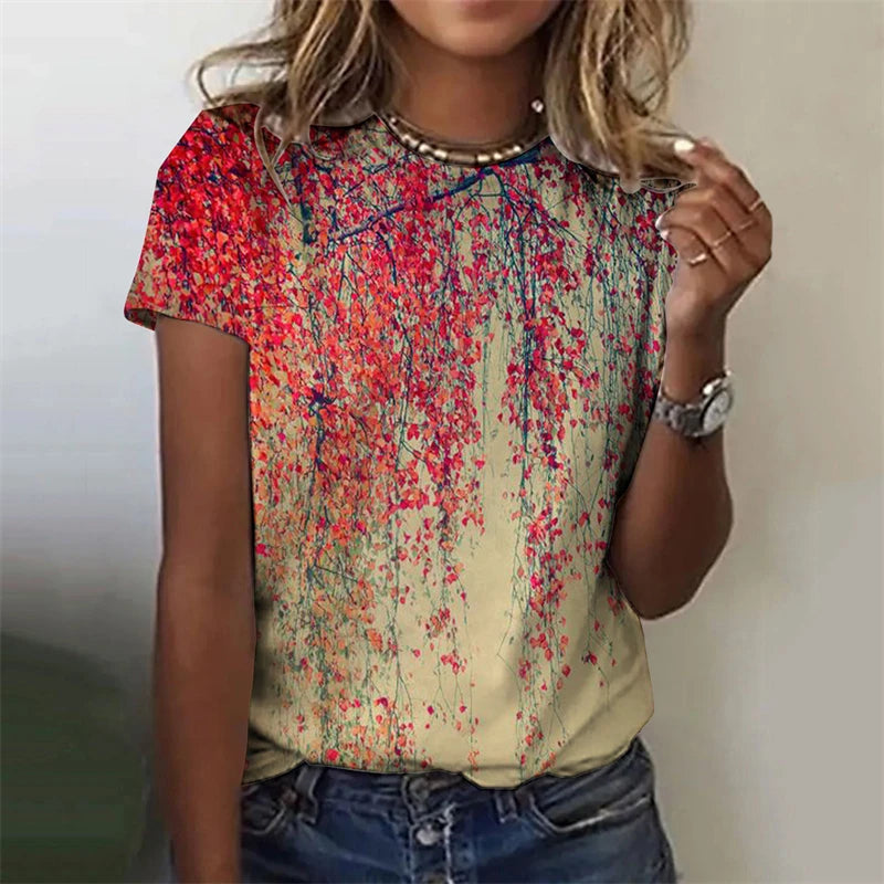 Women's T-Shirts Flowers Fashion Print O Neck Short Sleeve Tees O-Neck Personality Women Summer Harajuku Loose Female Clothing