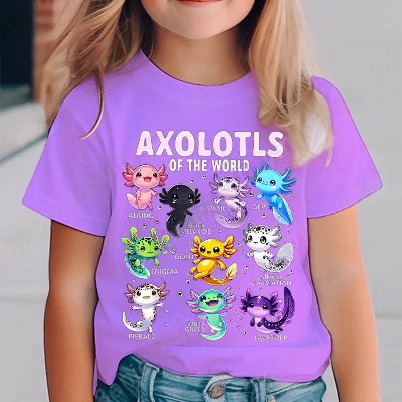 Colorful Cartoon Axolotls Graphic 3D Print T-Shirt Summer Casual Comfy Girls Clothes 2-10Y Short Sleeve T-Shirt for Children Top