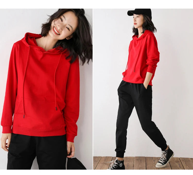 Women Hoodies 100% Cotton Spring Autumn Loose Long Sleeve Pullovers Solid Casual Ladies Outerwear Hooded Hoodie Womens Clothing