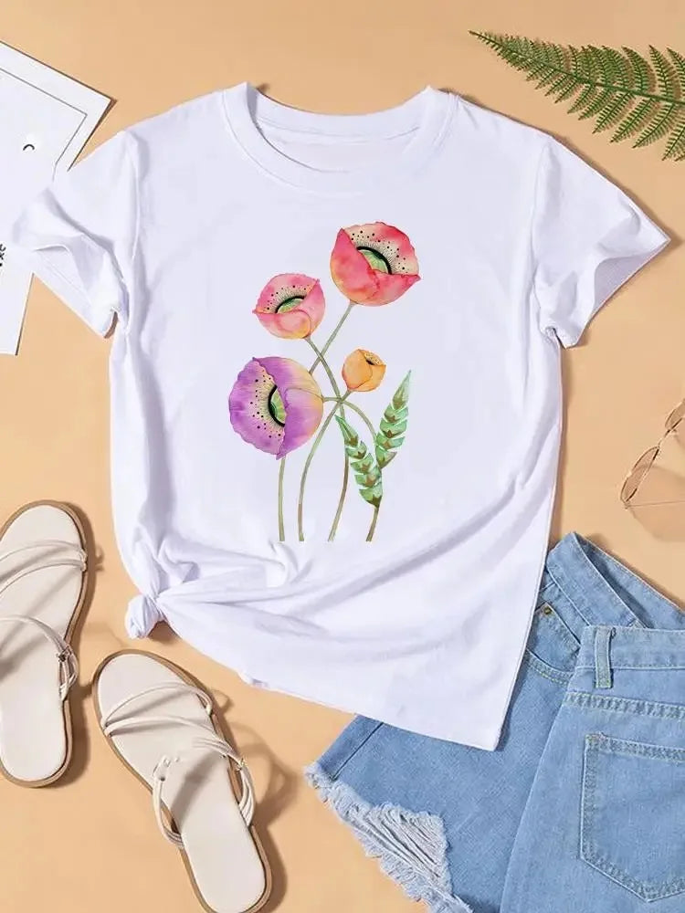 Graphic T-shirt Women Top Lady Female Shirt Tee Flower Carto Women Clothes Aesthetic Clothes Tops