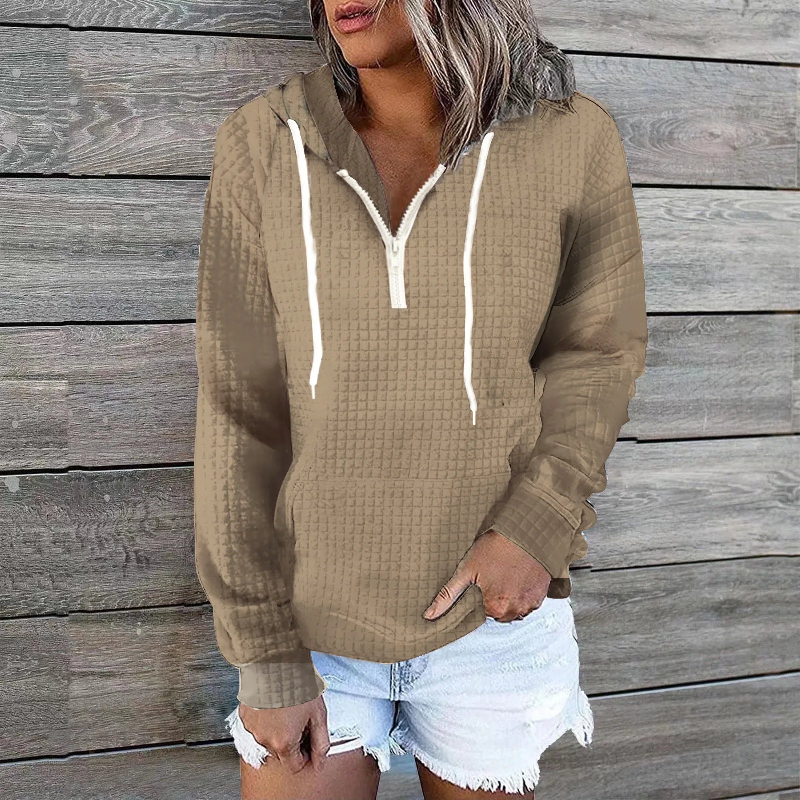 Plus size women's clothing hoodies casual home wear women's zipper hooded pockets solid color waffle grid long sleeved hoodies