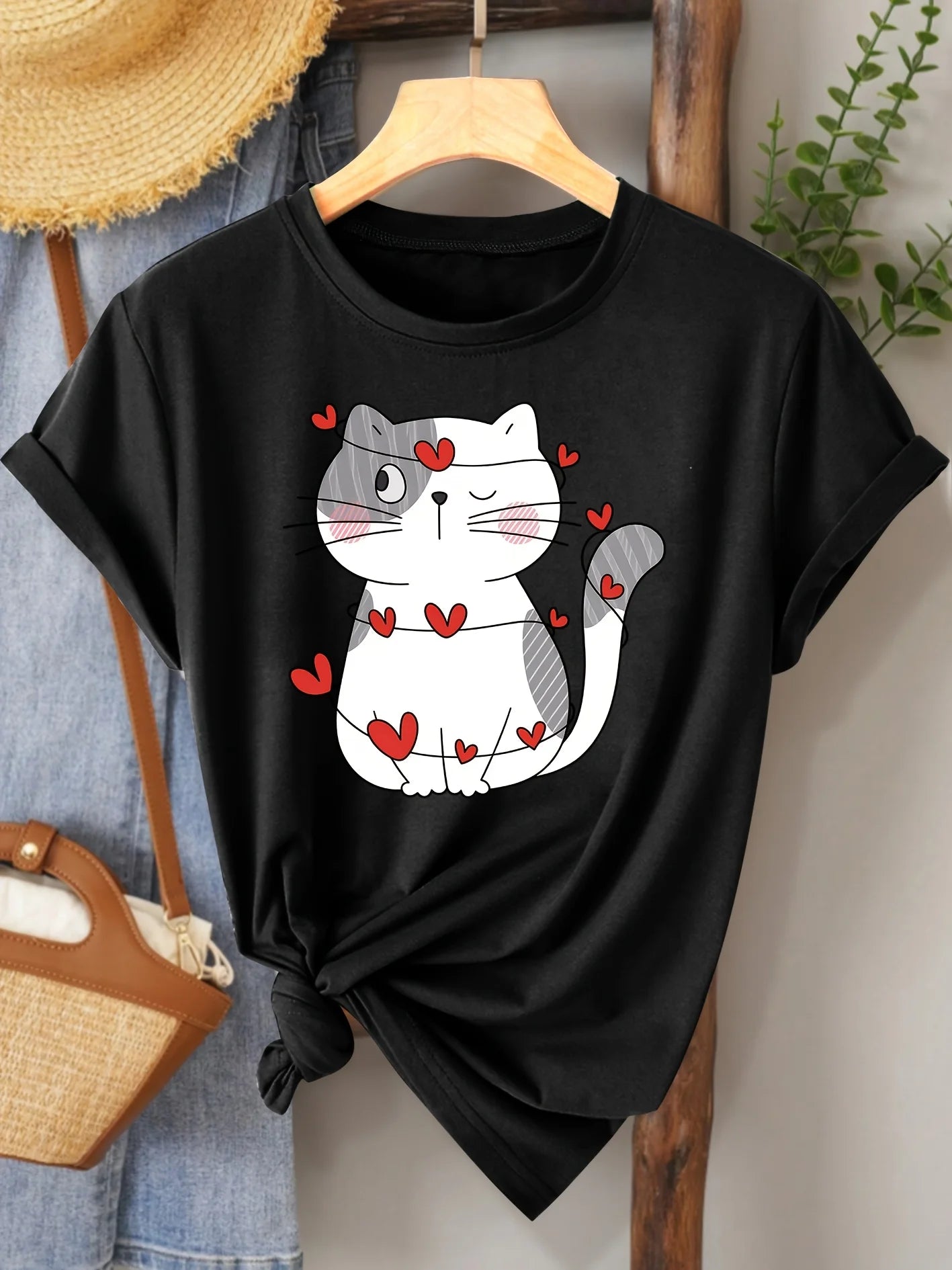 Heart Cat Women's Tee - Cute Graphic, Casual Beige Top