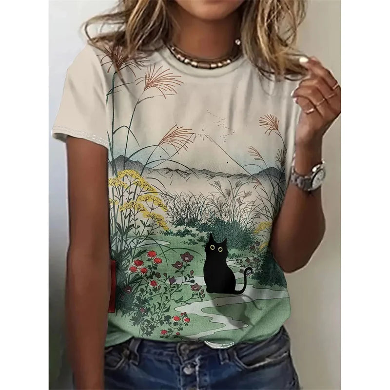 Cartoon Cat Graphic T-Shirt For Women Animal 3D Printed T Shirts Summer Fashion Casual Loose Tees Round Neck Tops Short Sleeves