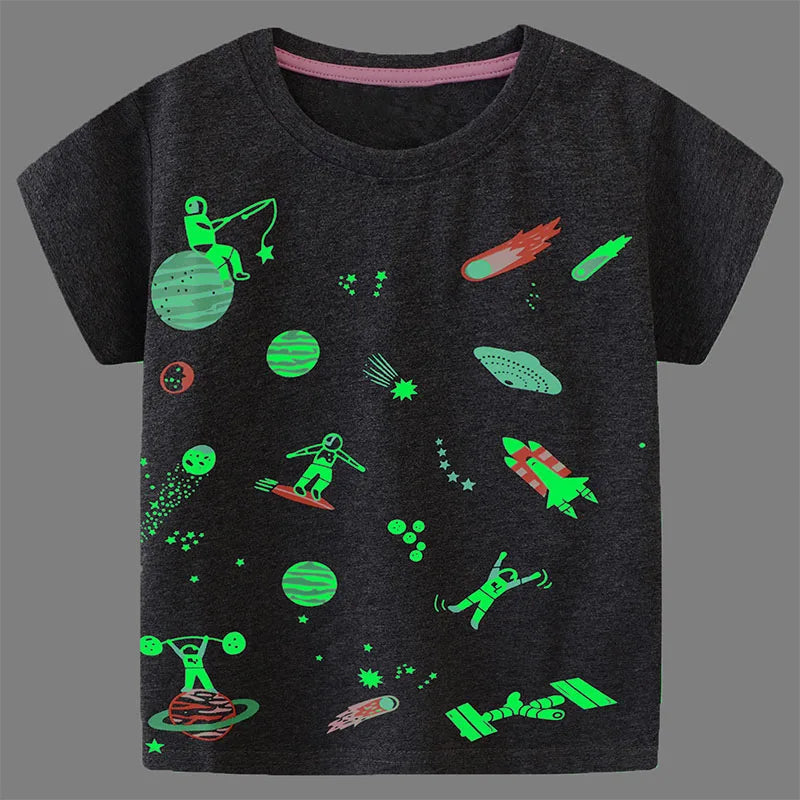 Little maven 2026 New Fashion Boys T-shirt Summer Luminous Dinosaur Animal Cotton Causal Clothes Lovely Tops for Kids 2-7 year