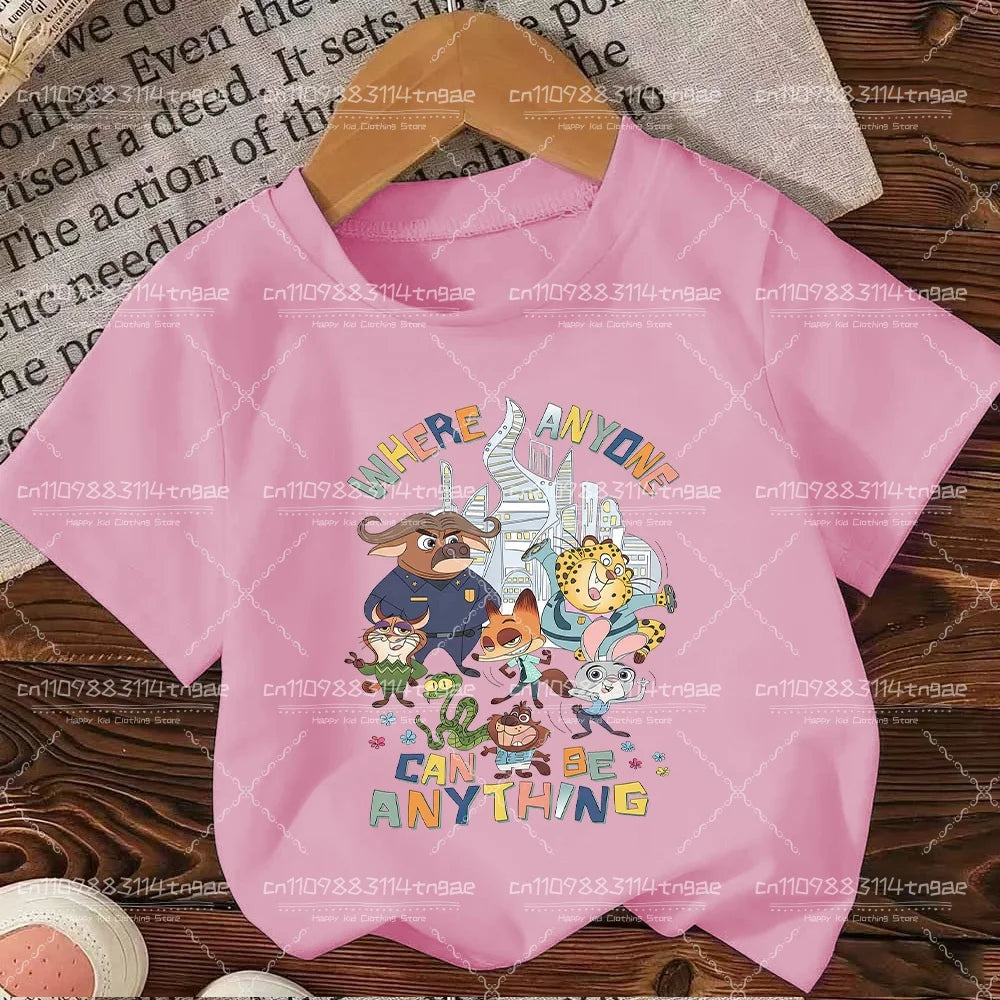 2026 Summer Children Girl Boy Cotton Clothes  Zootopia Cartoon Prints T-shirts Fashion Kid Baby Short Sleeve Crew Neck Top
