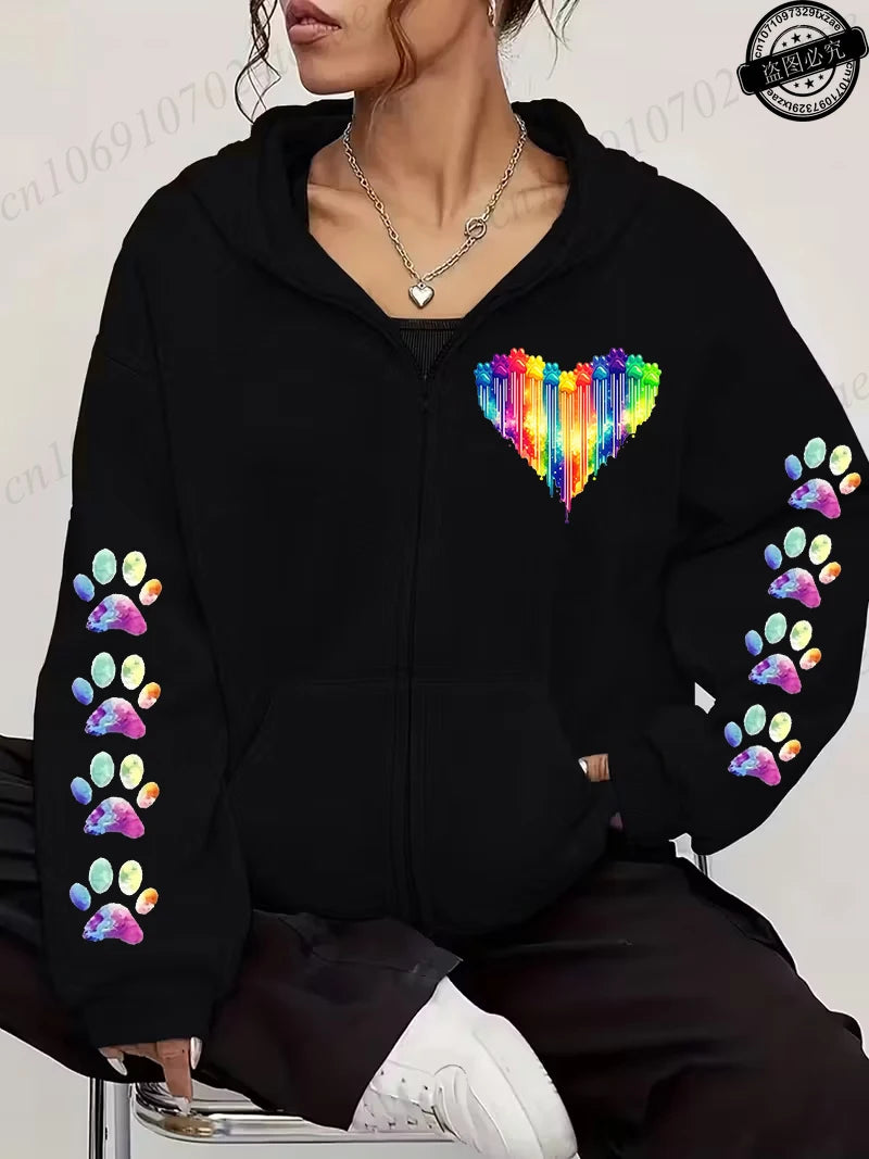 Women Zip Up Hoodies Watercolor Paw Printed Zipper Jackets Coats Autumn Winter Hoody Sweatshirt Fashion Casual Zip Up Hoodie Top