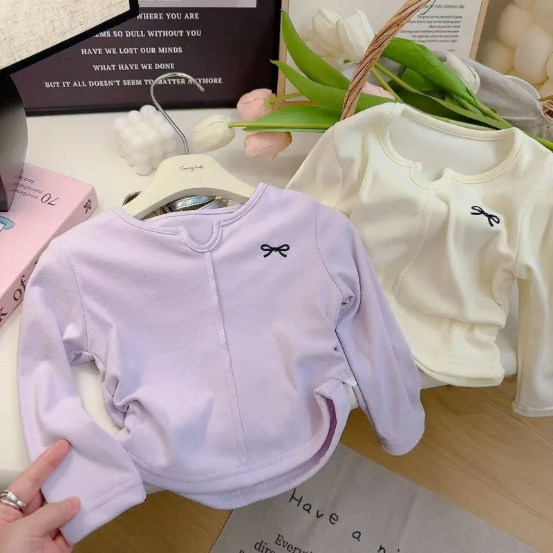 1-12Y Bow T-shirt Embroidered Girls Base Layer Fashionable Long Sleeved Simple Sweet and Cute Knitted Top for Girls Wholesale
