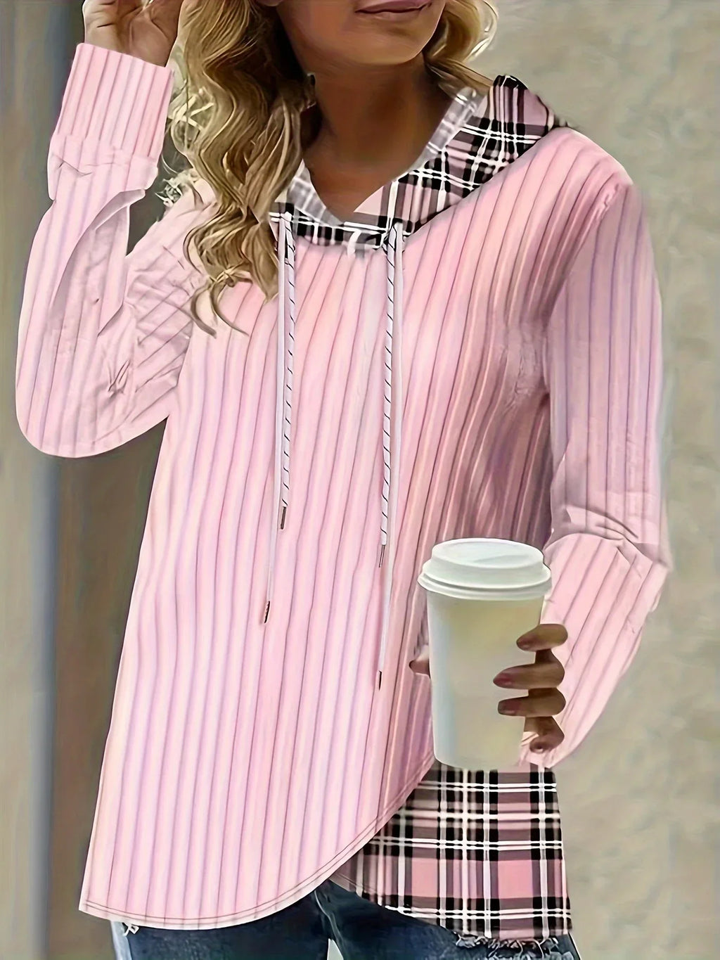 Plus Size 1XL-5XL Women Casual Hoodie Sweatshirt Pullover Long Sleeve Drawstring HoodieWomen's Colorblock Plaid Print