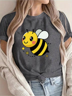 Women's Casual Short Sleeve T-Shirt Cute Cartoon Bee & Floral Print Breathable Round Neck Tee for Spring/Summer