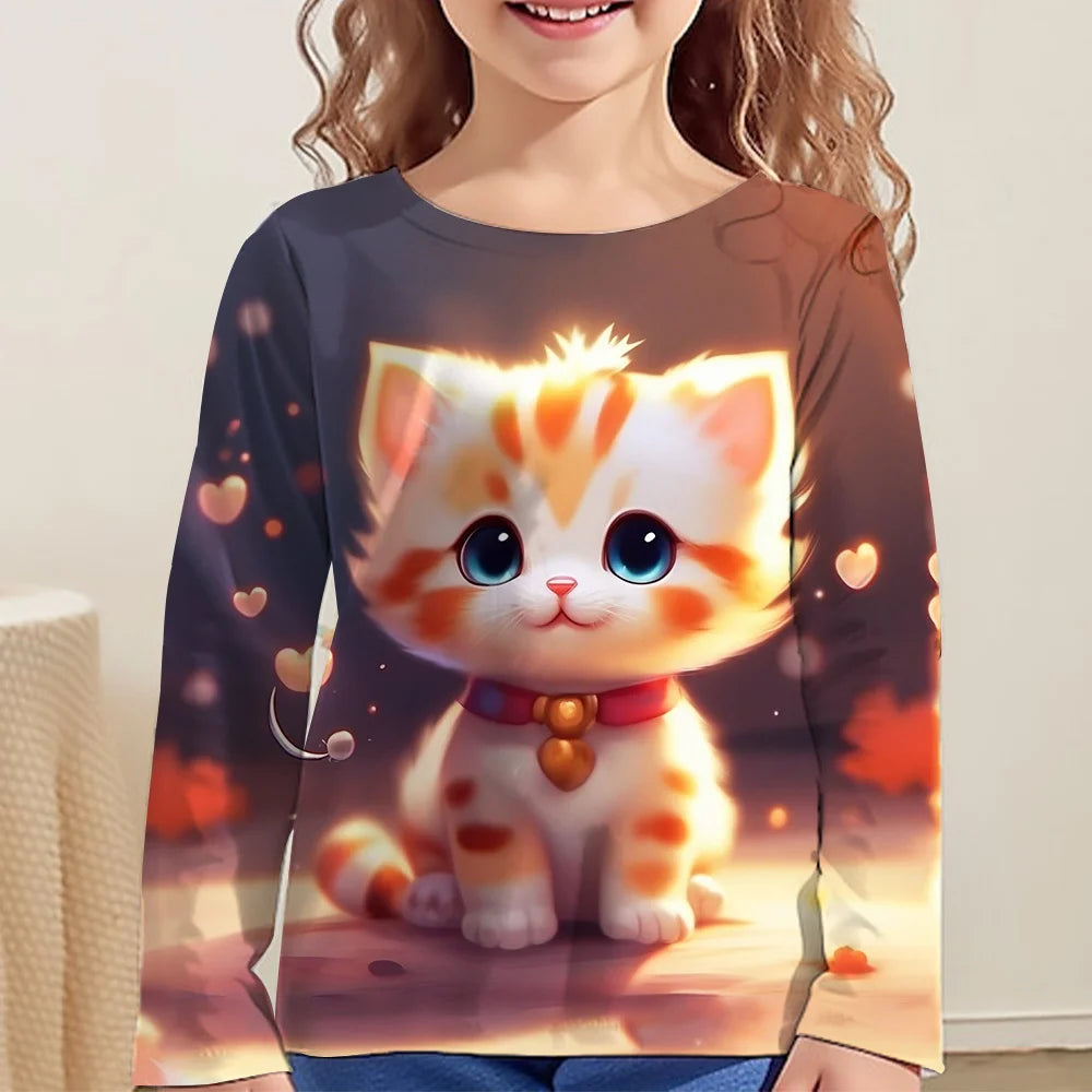 Children's Clothing Girl T-Shirts Top Long Sleeve Children T-Shirt Cute Cat Print Casual Kids Summer Autumn Clothes Girl Clothes