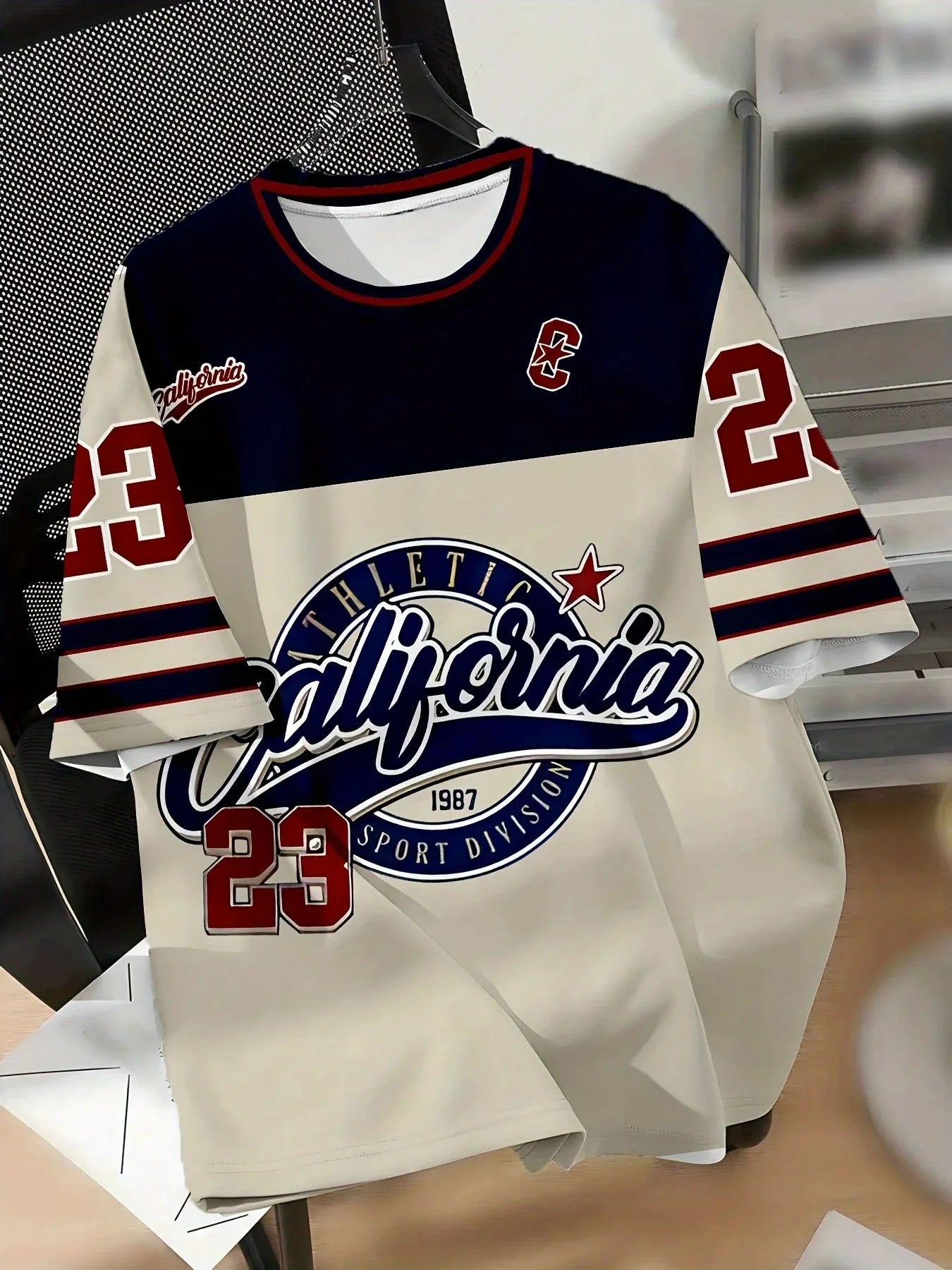 Men's Vintage California Sports League Graphic T-Shirt - Retro Athletic Tee with, Navy Blue & Red Accents - Lightweight Crewneck