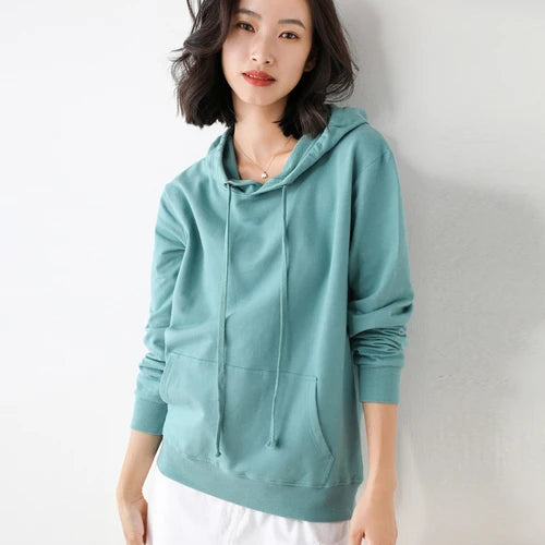 Women Hoodies 100% Cotton Spring Autumn Loose Long Sleeve Pullovers Solid Casual Ladies Outerwear Hooded Hoodie Womens Clothing