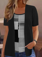 Elegant Geometric Print Mock Two-Piece T-Shirt | Plus Size Womens Summer Casual Top | Fashion Patchwork Design