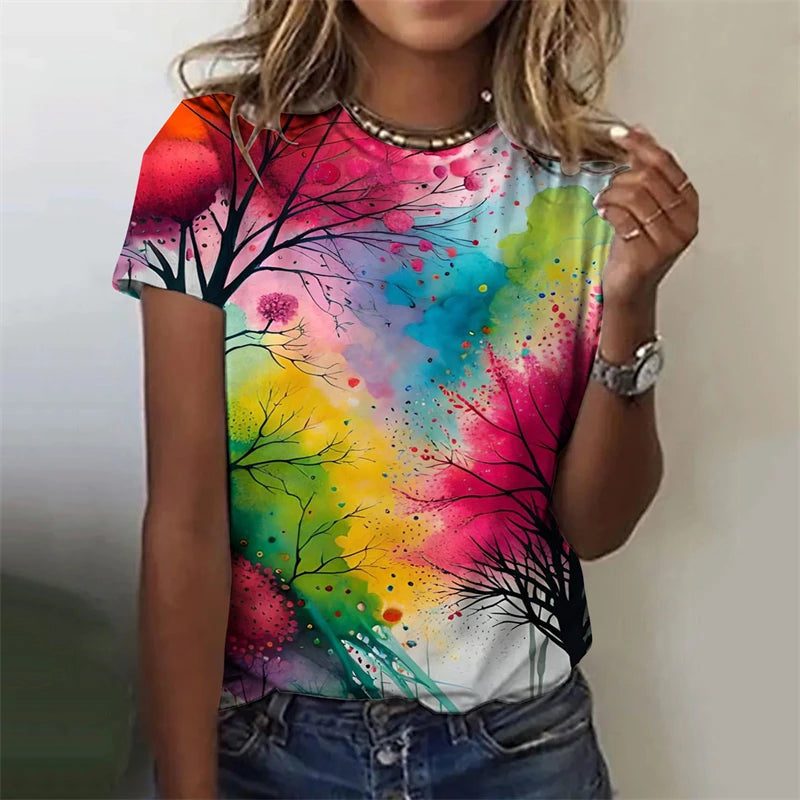 Women's T-Shirts Flowers Fashion Print O Neck Short Sleeve Tees O-Neck Personality Women Summer Harajuku Loose Female Clothing