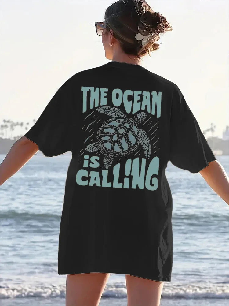 2024 New Cute Turtle Letter Printed T-shirt Summer Short Sleeved Round Neck Casual Top Pure Cotton Women's Fashion Clothing