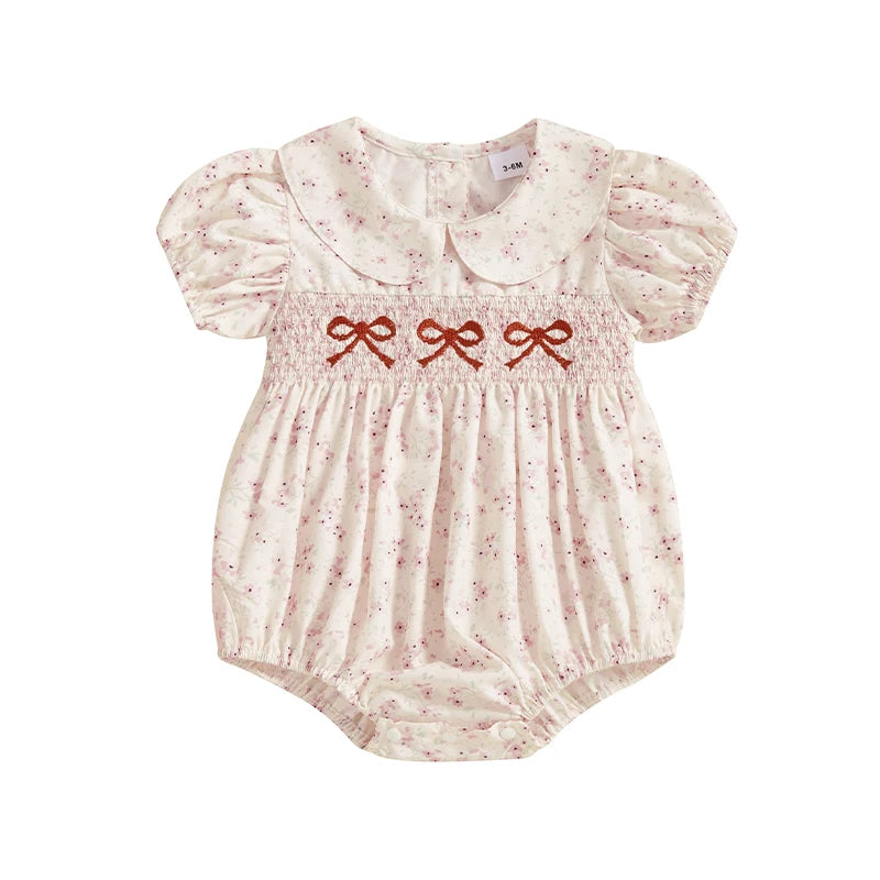 0-18M Infant Baby Girls Bowknot Embroidered Rompers Lovely Floral Print Doll Collar Short Sleeve Bubble Jumpsuits for Newborn