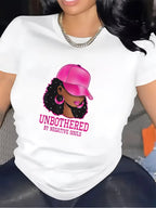 T-Shirt for Women, Unbothered Graphic Design for Casual Wear in Living Room Comfortable Fabric, Stylish Pink Cap Illustration,