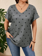Plus Size Heart Design Pattern Printed T-shirts Summer Fashionable High Quality Short Sleeved Casual Sports V-Neck Pullover Tops