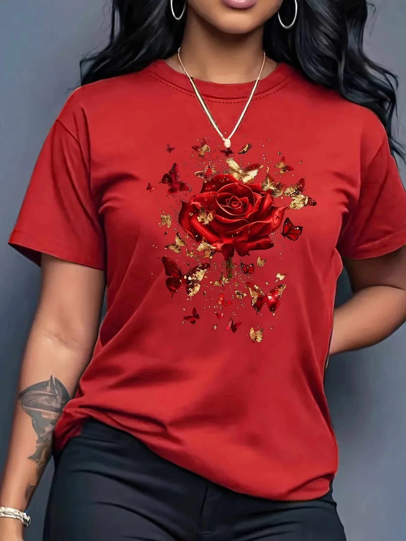 Women'S Floral Rose Butterfly Print T-Shirt Casual Crew Neck Short Sleeve Knit Polyester Regular Length Seasons Plus Size Tees