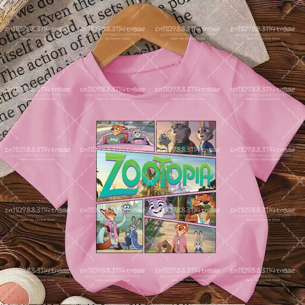 2026 Summer Children Girl Boy Cotton Clothes  Zootopia Cartoon Prints T-shirts Fashion Kid Baby Short Sleeve Crew Neck Top