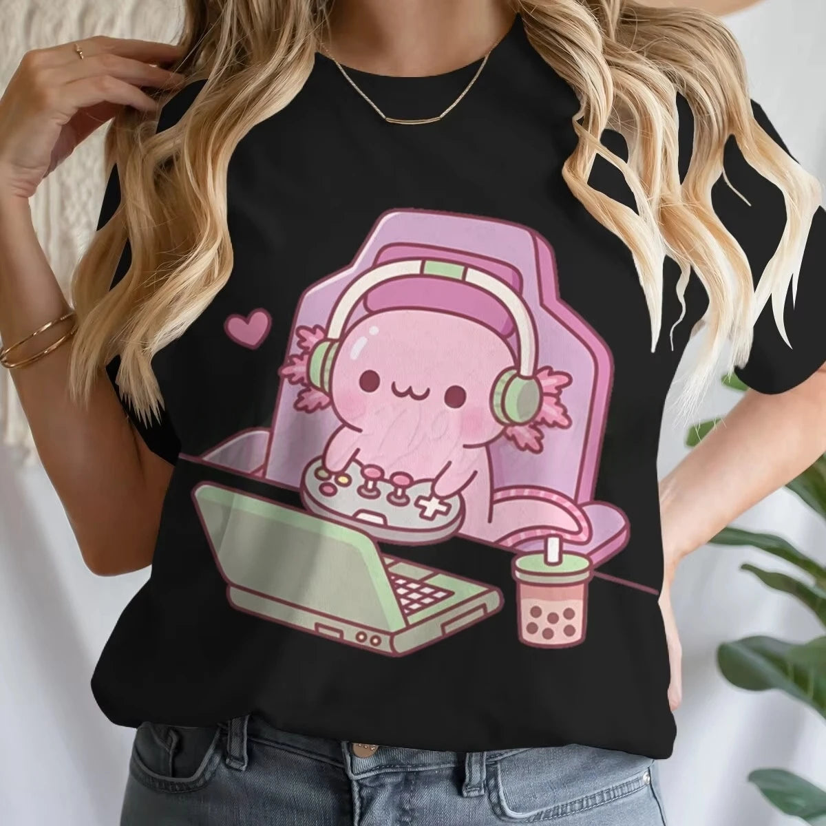 Girls' Summer Clothes Cute Axolotl Playing Games Graphic T-Shirt 3D Print Tie Dye Children's Clothing for Girl Short Sleeve Tee