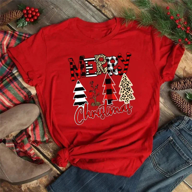 Women Tshirts Merry Christmas Tree Print Red Top Femal New Clothing Short Sleeve 90s Girls Lucky Deer T-shirts Aesthetic Clothes