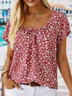 Plus Size Floral print pleated t-shirt, casual short-sleeved T-shirt spring and summer