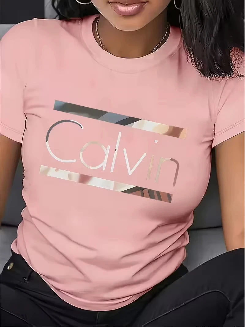 Hot Sale Women's Summer Fashion Casual Calvin Letter Pattern Print Loose Round Neck Short Sleeve Sportswear T-shirt Y2k Clothes
