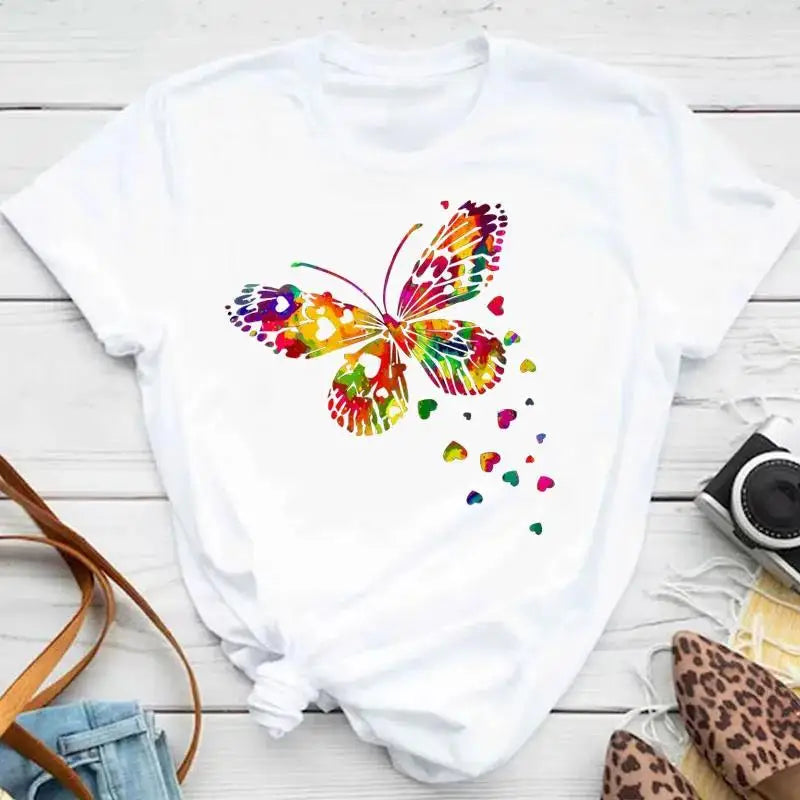 Fashion Women Men T Shirt Colorful Butterfly Petal Graphic Print T Shirt Casual Crew Neck Short Sleeve Plus Size T Shirt Unisex