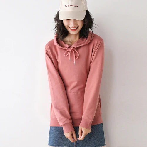 Women Hoodies 100% Cotton Spring Autumn Loose Long Sleeve Pullovers Solid Casual Ladies Outerwear Hooded Hoodie Womens Clothing