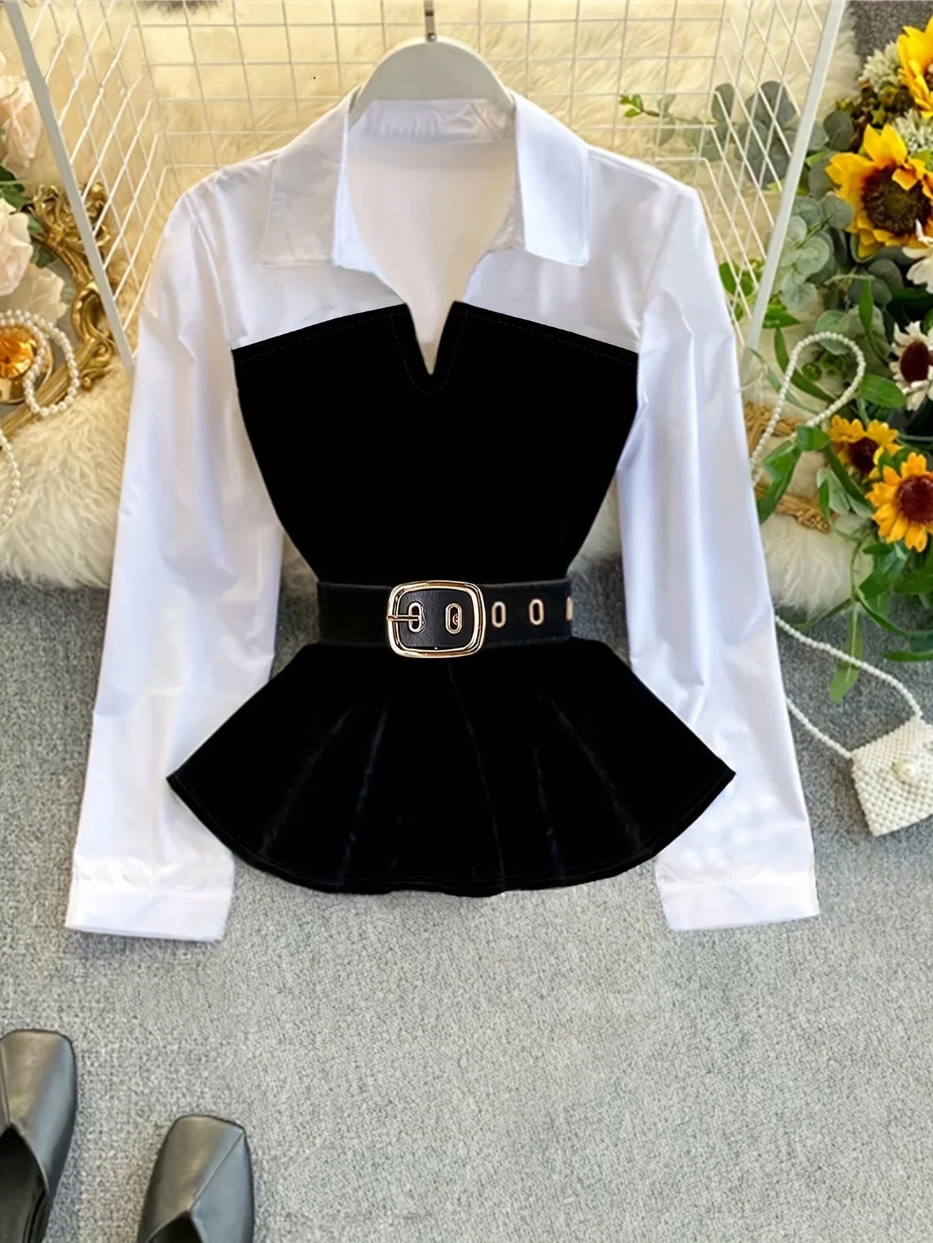 2025 women Plus Size Color Block Layered Shirt: Two-Tone Blouse Design & Belt-Free Comfort for Modern Professional Style（No bel）