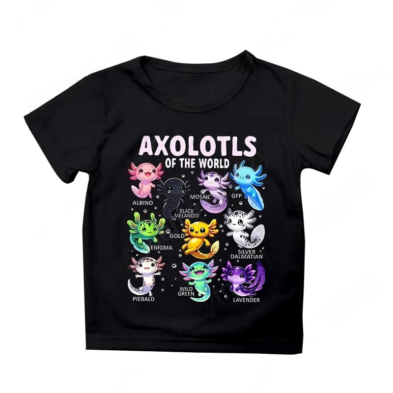 Colorful Cartoon Axolotls Graphic 3D Print T-Shirt Summer Casual Comfy Girls Clothes 2-10Y Short Sleeve T-Shirt for Children Top