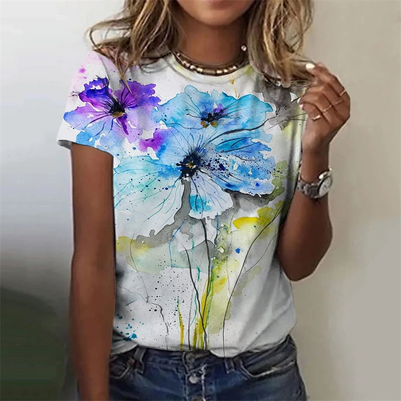 Women's T-Shirts Flowers Fashion Print O Neck Short Sleeve Tees O-Neck Personality Women Summer Harajuku Loose Female Clothing