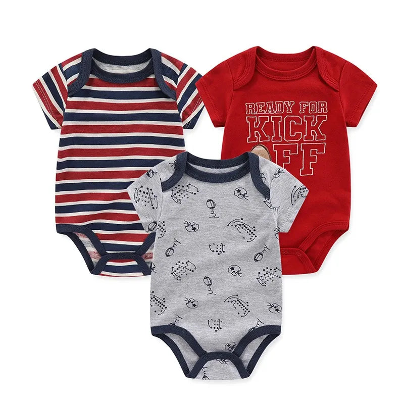 Unisex Cotton Newborn Baby Boy Clothes 3Pieces Summer 0-12M Cartoon Baby Girl Clothes Print Bodysuits Short Sleeve Bebes