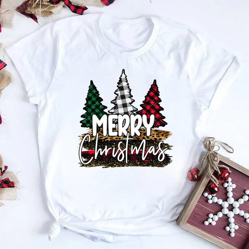 Women Tshirts Merry Christmas Tree Print Red Top Femal New Clothing Short Sleeve 90s Girls Lucky Deer T-shirts Aesthetic Clothes
