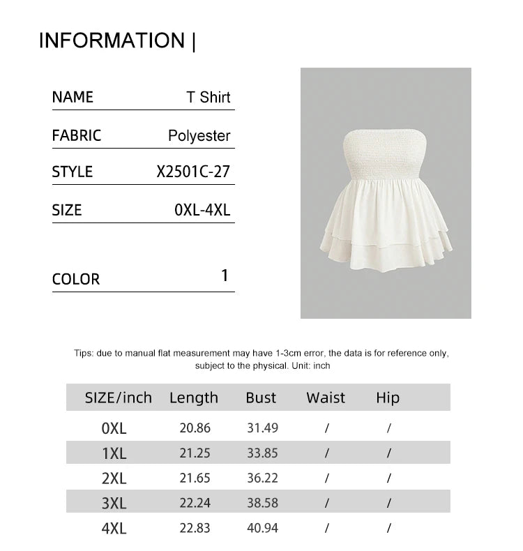 Plus Size Women's 2025 Summer New Sleeveless Tube Holiday Style Solid Color Double Layer Ruffle Swing Tube Women's Tops