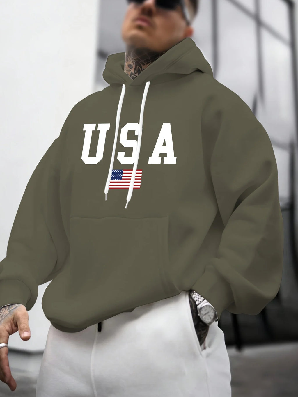 Men's autumn and winter casual fashion loose American flag graphic print long sleeved hooded sweatshirt warm pullover