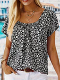 Plus Size Floral print pleated t-shirt, casual short-sleeved T-shirt spring and summer