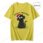 Women'S Casual Graphic T-Shirt - Meowy Christmas Print, Short Sleeve O Neck Top for Christmas Xmas T-Shirts Christmas Santa Tees