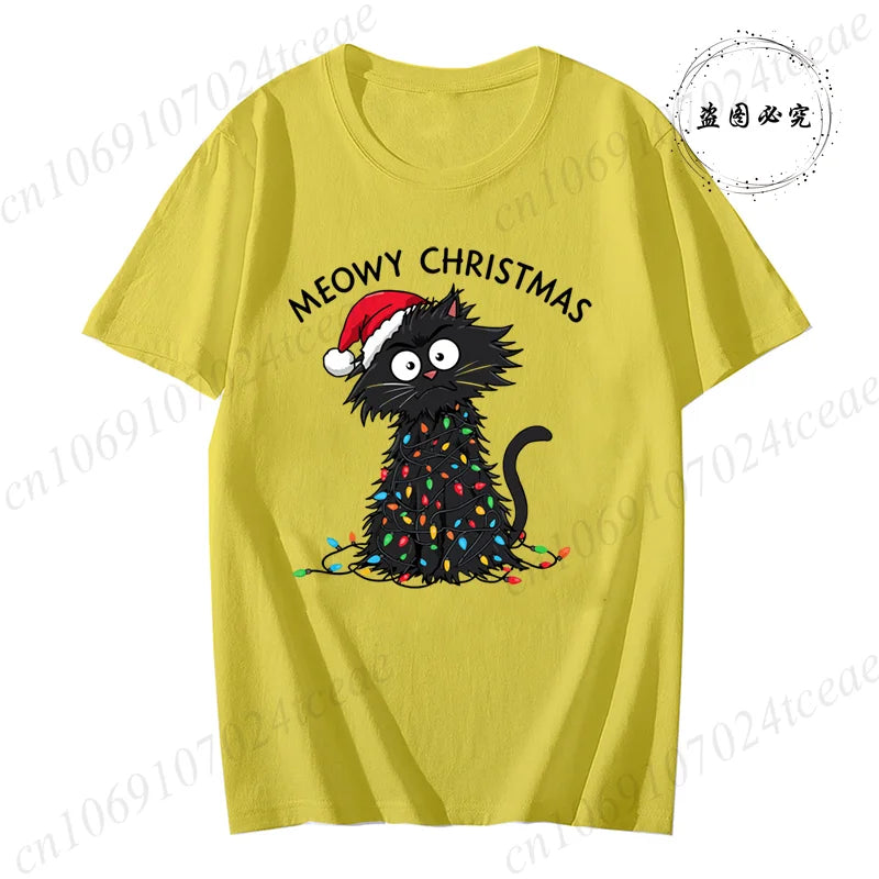 Women'S Casual Graphic T-Shirt - Meowy Christmas Print, Short Sleeve O Neck Top for Christmas Xmas T-Shirts Christmas Santa Tees