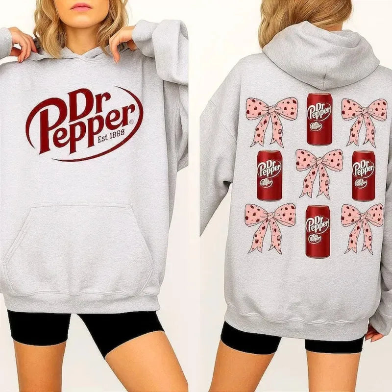 Dr Pepper Can and Bowknot Duplex Printing Hoodie Retro Soda Lover Pullover Women Fashion Daily Life Streetwear Fall Winter Tops