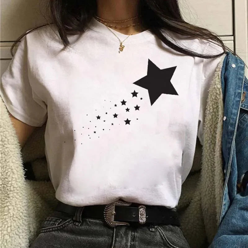 2024 Plus Size Womens Cartoon Graphic Star Printing T-shirts 90s Girls Style Casual Fashion Aesthetic Printed Female Top Tees